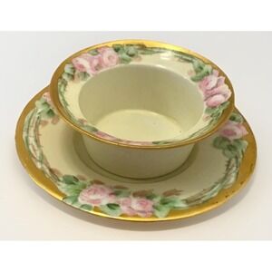 Antique Ramekin and Saucer Weimar Regency Side Dish Hand Painted Gold Rose VTG